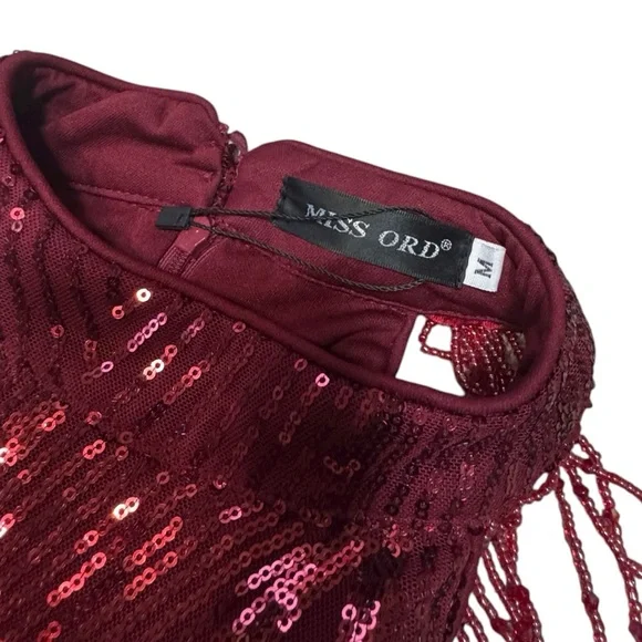 NWOT Miss Ord Burgundy Sequin Halter with Beads Floor Length Dress Size Medium - Picture 8 of 12